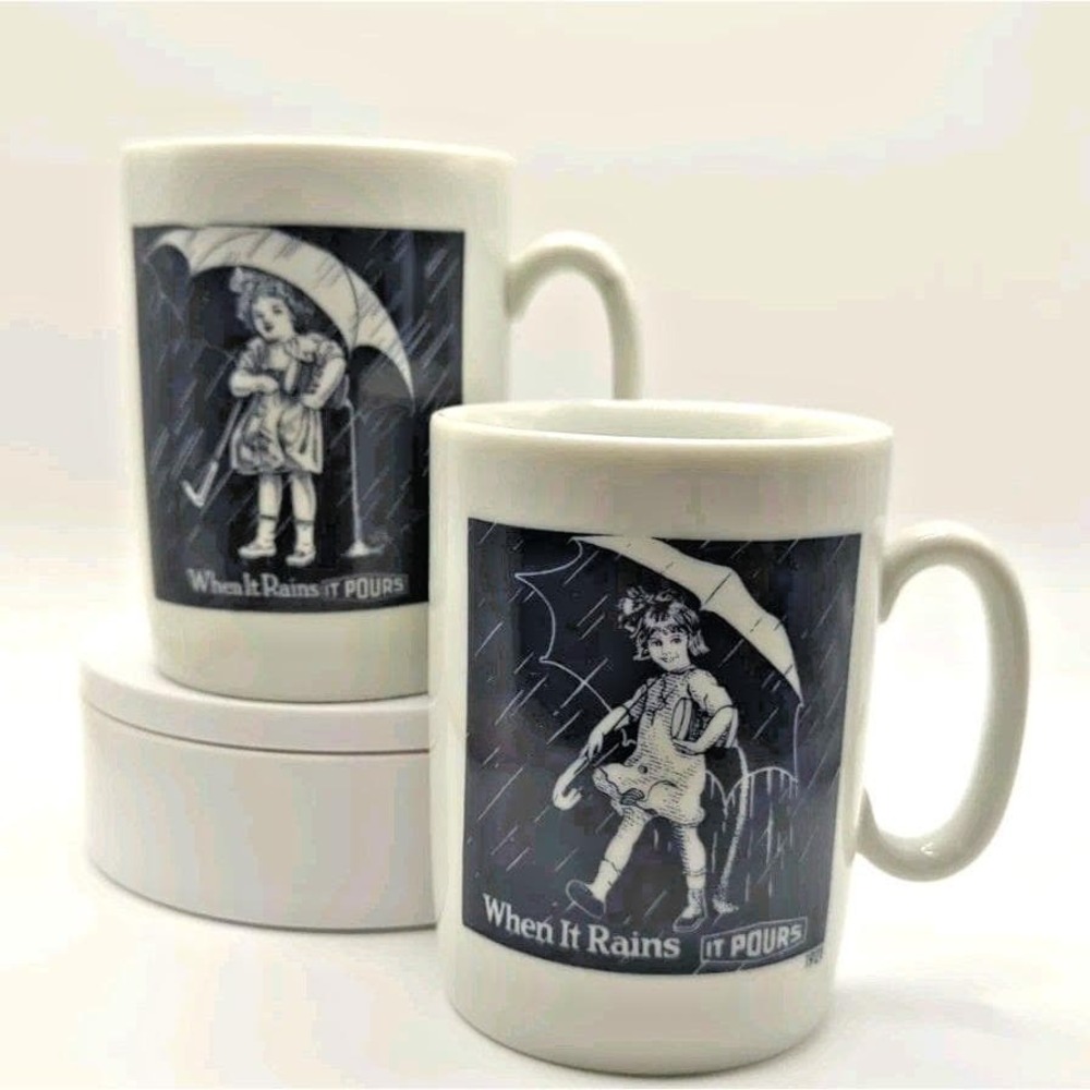 Vtg Morton Salt Girl 1914 1921 Logos Coffee Mug When It Rains It Pours Set 2